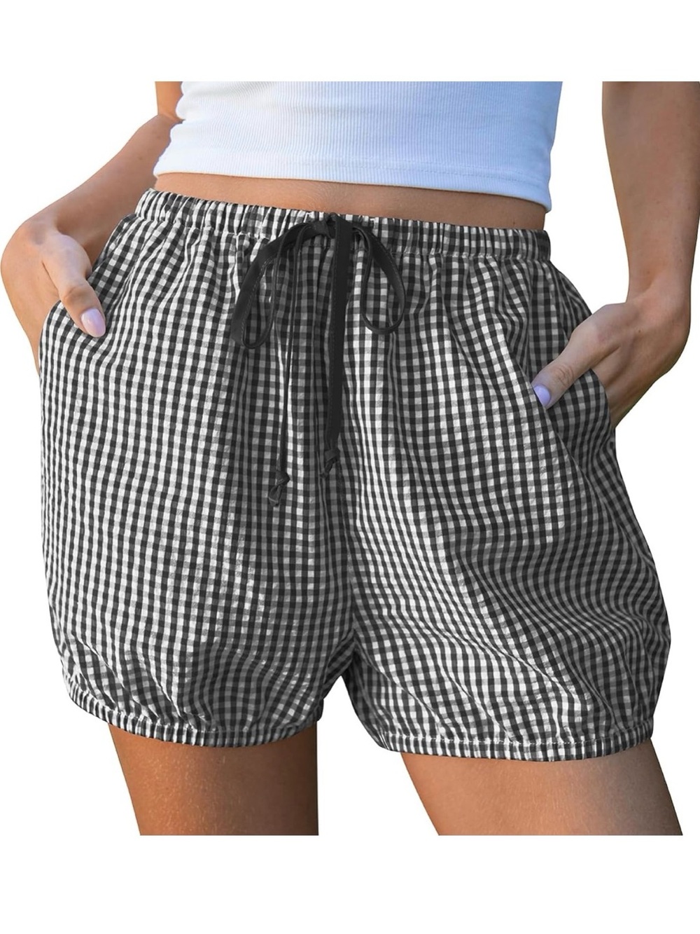 Gingham Drawstring Beach Shorts - Black/White